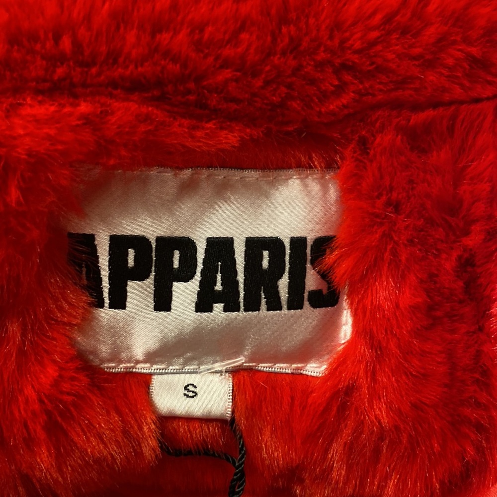 Apparis - scarlet red luxurious, faux fur coat with notched collar and pockets - Picture 10 of 16